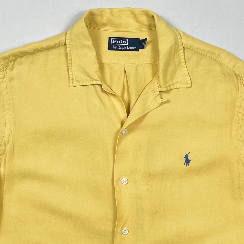 Polo Ralph Lauren Camp Shirt Mens Medium Silk Linen Herringbone Resort Yellow